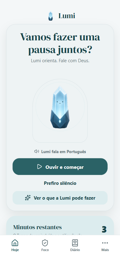 Ecrã inicial Lumi com a companheira cristal e uma pausa diária